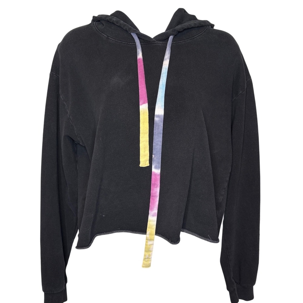 Project Social T Womens Black Cropped Hoodie Tie Dye Drawstring Sz XS Urban Y2K